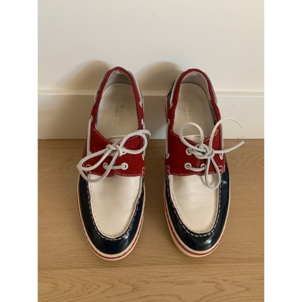 Gucci Mens Boat Shoes 232417 Red White Navy Patent Leather Suede Deck Shoes 9.5
